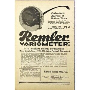 Remler Radio Mfg. Co. "Variometer: with Internal Pigtail Connections"Vtg Ad 1923